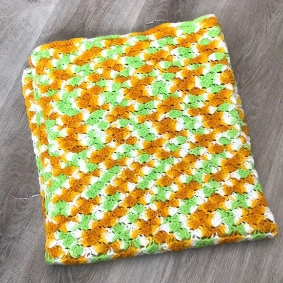 Green Orange White Crochet Knitted Afghan Blanket Handmade - Picture 1 of 3
